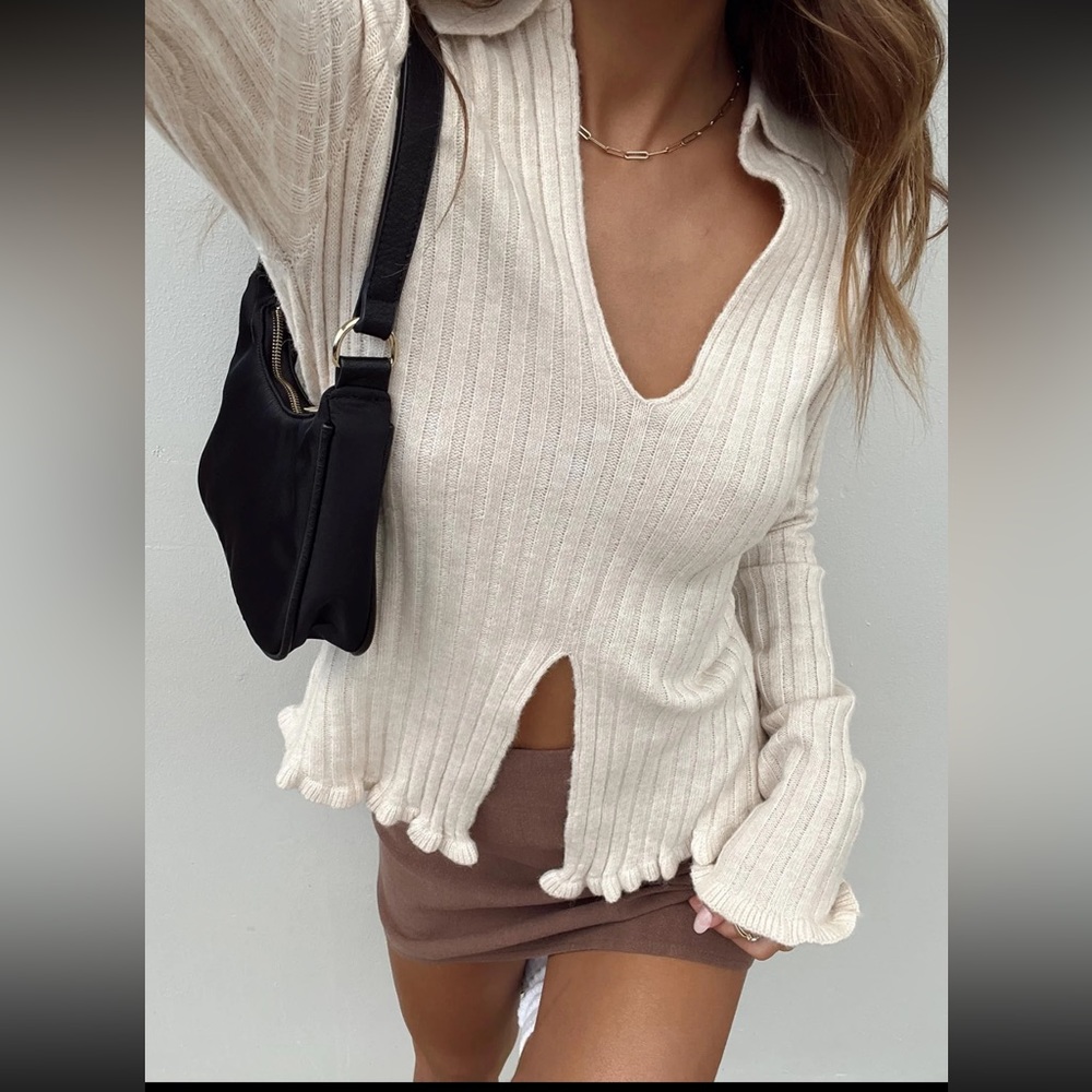 NWOT Lahey Long Sleeve Polo Knit Top Cream